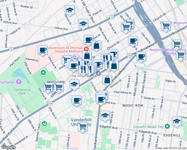 map of restaurants, bars, coffee shops, grocery stores, and more near 2010 West End Avenue in Nashville