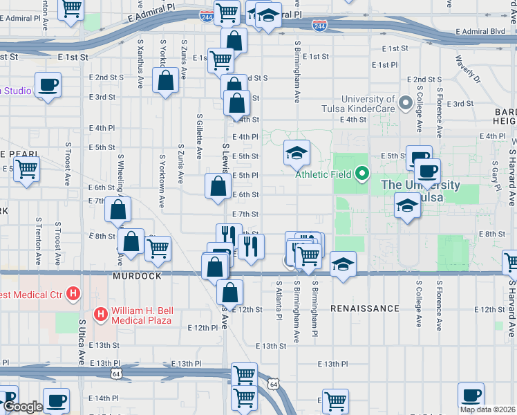 map of restaurants, bars, coffee shops, grocery stores, and more near 2440 East 6th Street in Tulsa