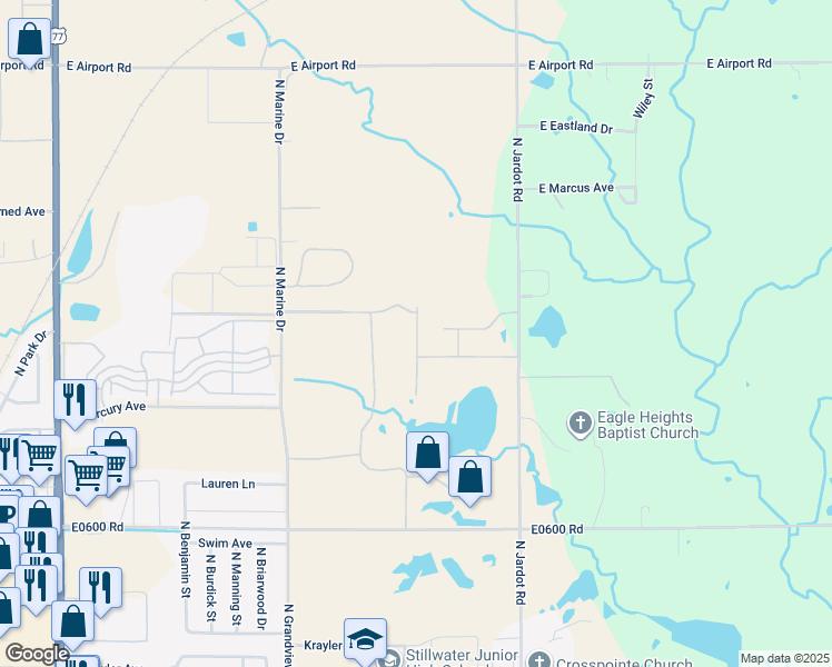 map of restaurants, bars, coffee shops, grocery stores, and more near 2828 North Running Bear Street in Stillwater