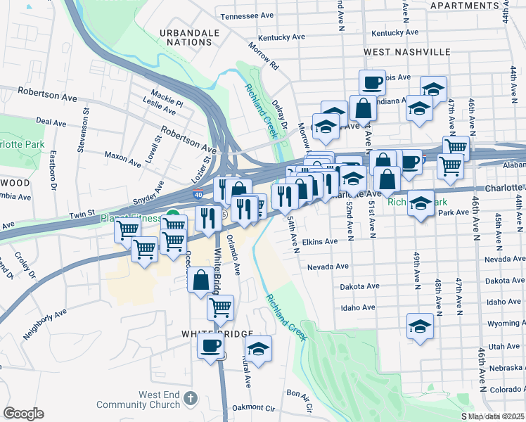 map of restaurants, bars, coffee shops, grocery stores, and more near 5500 Charlotte Pike in Nashville