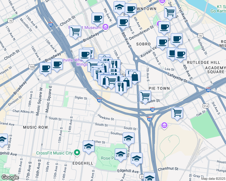 map of restaurants, bars, coffee shops, grocery stores, and more near 609 Overton Street in Nashville