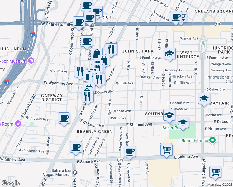 map of restaurants, bars, coffee shops, grocery stores, and more near 548 East Oakey Boulevard in Las Vegas