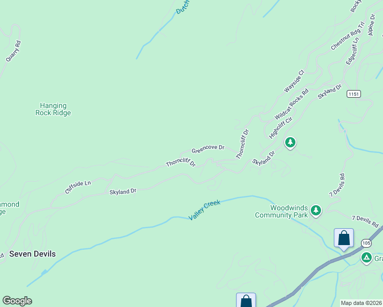 map of restaurants, bars, coffee shops, grocery stores, and more near 640 Thorncliff Drive in Seven Devils
