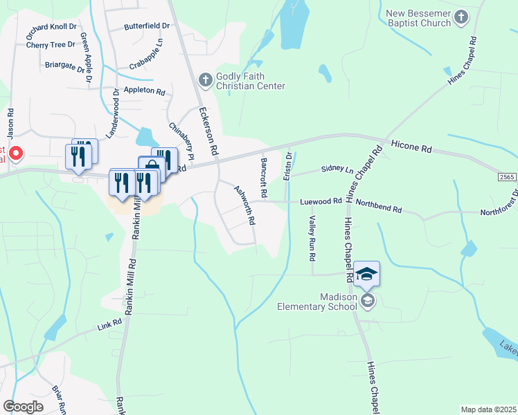 map of restaurants, bars, coffee shops, grocery stores, and more near 4602 Luewood Road in Greensboro