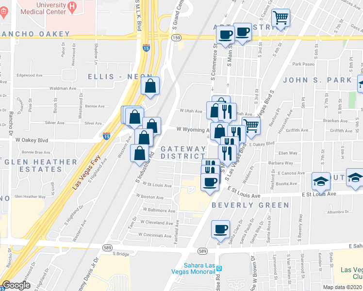 map of restaurants, bars, coffee shops, grocery stores, and more near 200 West New York Avenue in Las Vegas