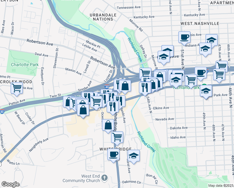 map of restaurants, bars, coffee shops, grocery stores, and more near 276 White Bridge Place in Nashville