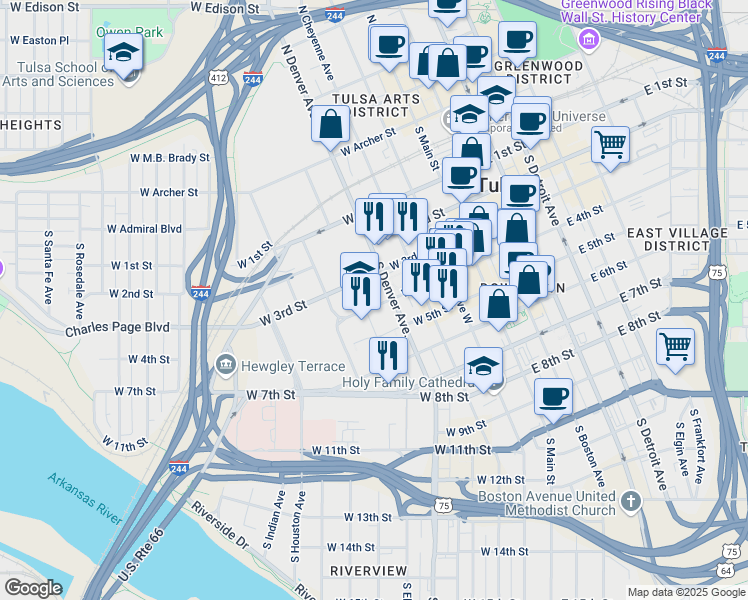 map of restaurants, bars, coffee shops, grocery stores, and more near 333 West 4th Street in Tulsa