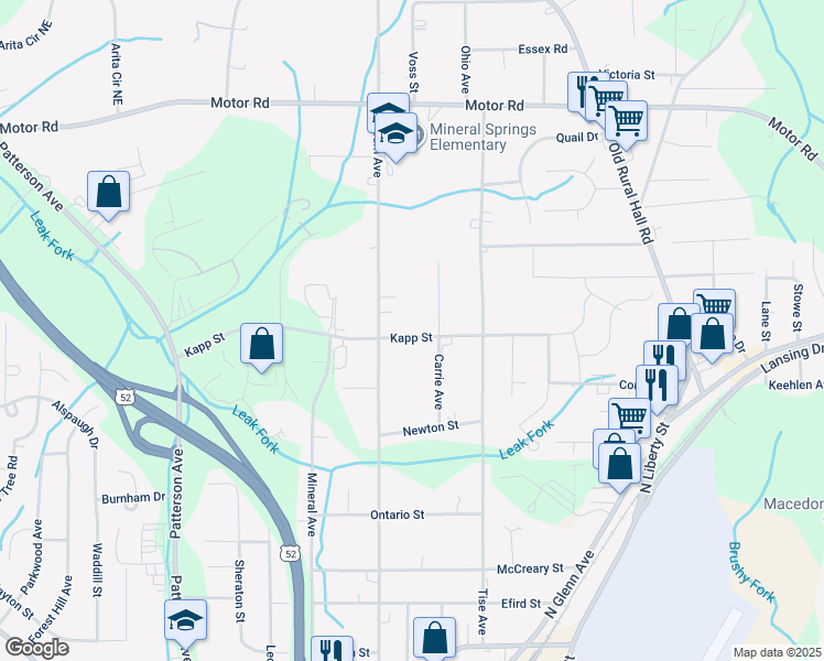 map of restaurants, bars, coffee shops, grocery stores, and more near 629 Kapp Street in Winston-Salem