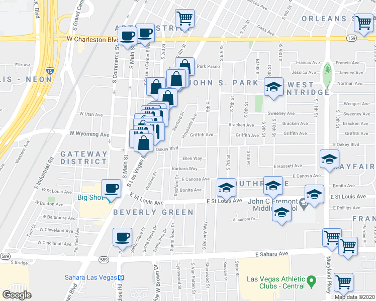 map of restaurants, bars, coffee shops, grocery stores, and more near 548 East Oakey Boulevard in Las Vegas