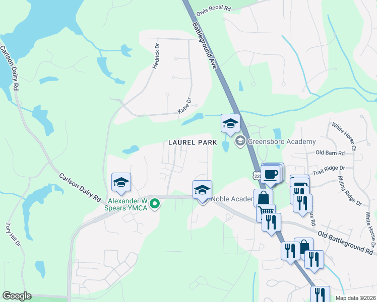 map of restaurants, bars, coffee shops, grocery stores, and more near 4703 Merlot Way in Greensboro