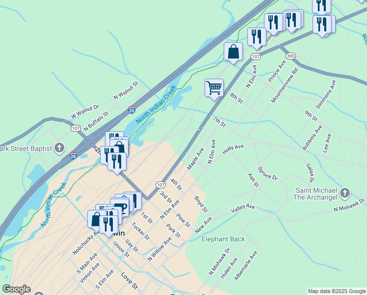 map of restaurants, bars, coffee shops, grocery stores, and more near 701 North Main Avenue in Erwin