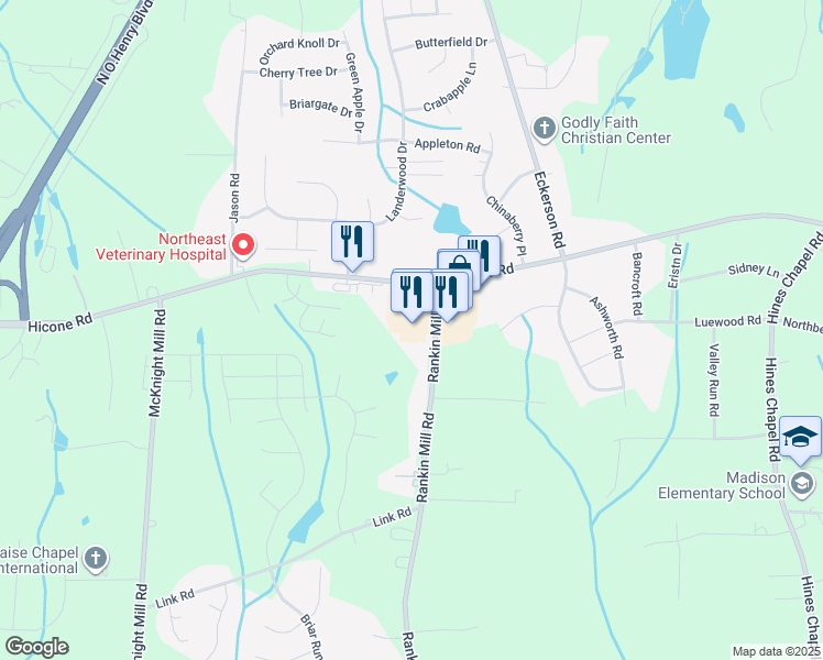 map of restaurants, bars, coffee shops, grocery stores, and more near 4634 Hicone Road in Greensboro