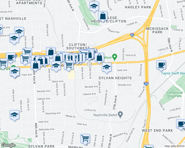 map of restaurants, bars, coffee shops, grocery stores, and more near 3815 Park Avenue in Nashville