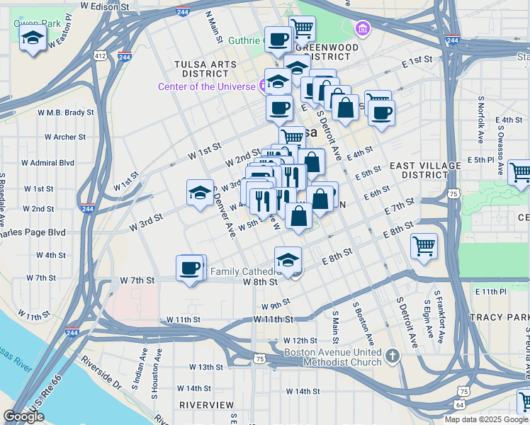 map of restaurants, bars, coffee shops, grocery stores, and more near 17 West 5th Street in Tulsa