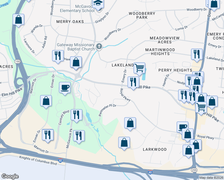 map of restaurants, bars, coffee shops, grocery stores, and more near 2525 Elm Hill Pike in Nashville