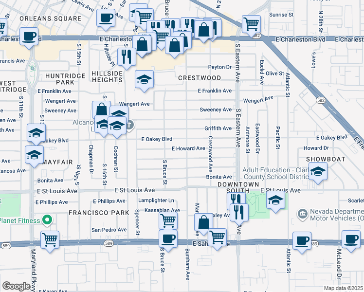 map of restaurants, bars, coffee shops, grocery stores, and more near 1825 Howard Avenue in Las Vegas