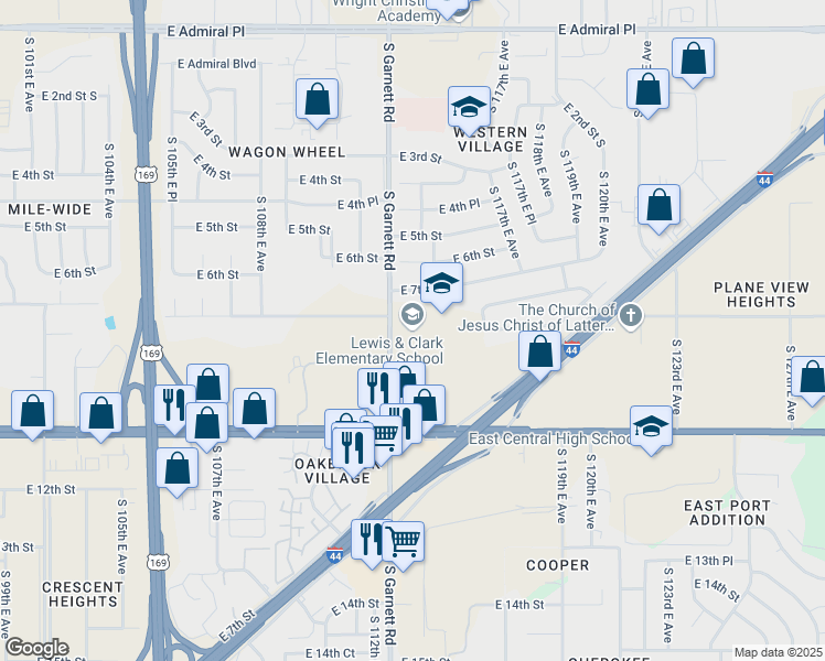 map of restaurants, bars, coffee shops, grocery stores, and more near 737 South Garnett Road in Tulsa