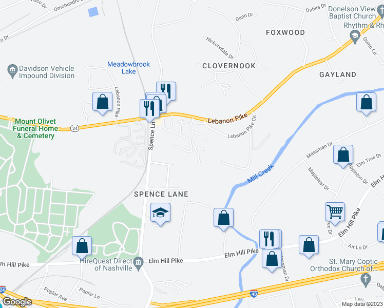 map of restaurants, bars, coffee shops, grocery stores, and more near 801 Spence Enclave Lane in Nashville