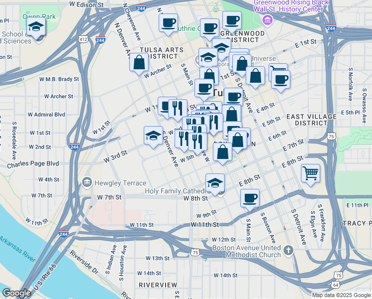 map of restaurants, bars, coffee shops, grocery stores, and more near 416 South Cheyenne Avenue in Tulsa