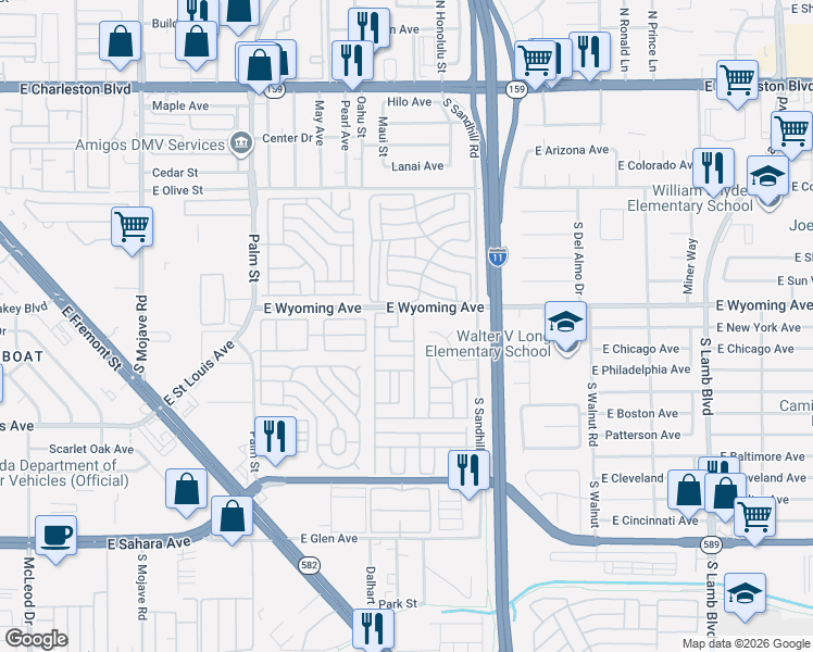 map of restaurants, bars, coffee shops, grocery stores, and more near 3601 East Wyoming Avenue in Las Vegas