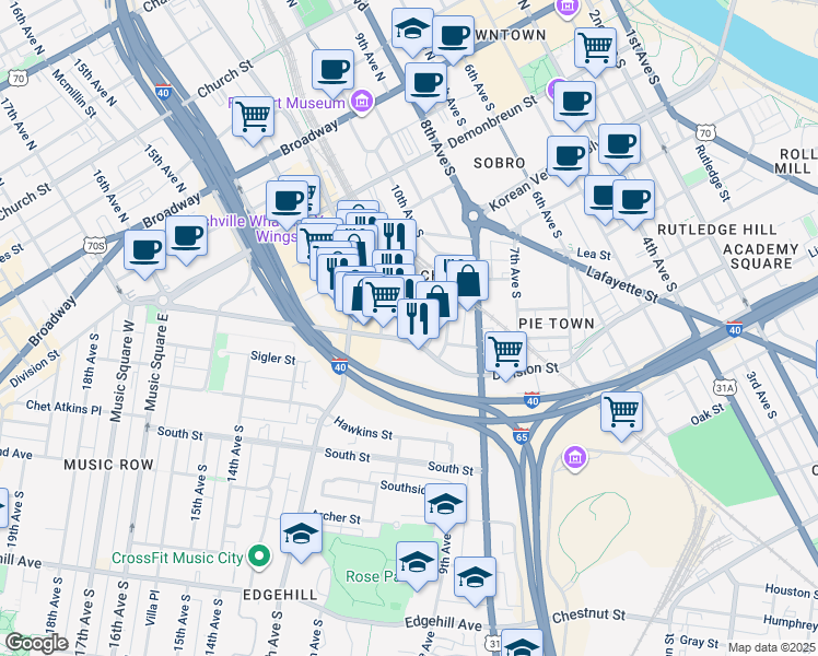 map of restaurants, bars, coffee shops, grocery stores, and more near 609 Overton Street in Nashville