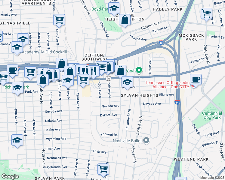 map of restaurants, bars, coffee shops, grocery stores, and more near 3815 Park Avenue in Nashville