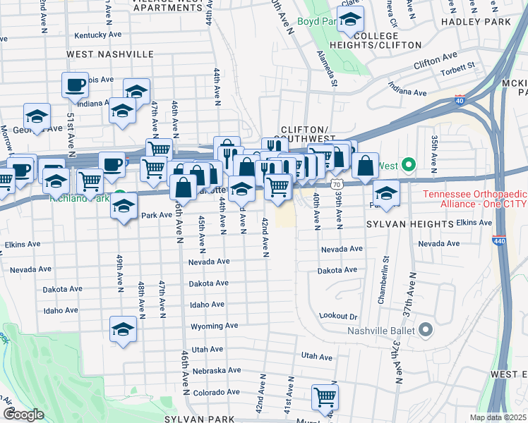 map of restaurants, bars, coffee shops, grocery stores, and more near 4105 Charlotte Avenue in Nashville