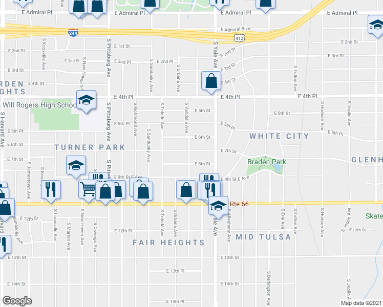 map of restaurants, bars, coffee shops, grocery stores, and more near 4547 East 7th Street in Tulsa