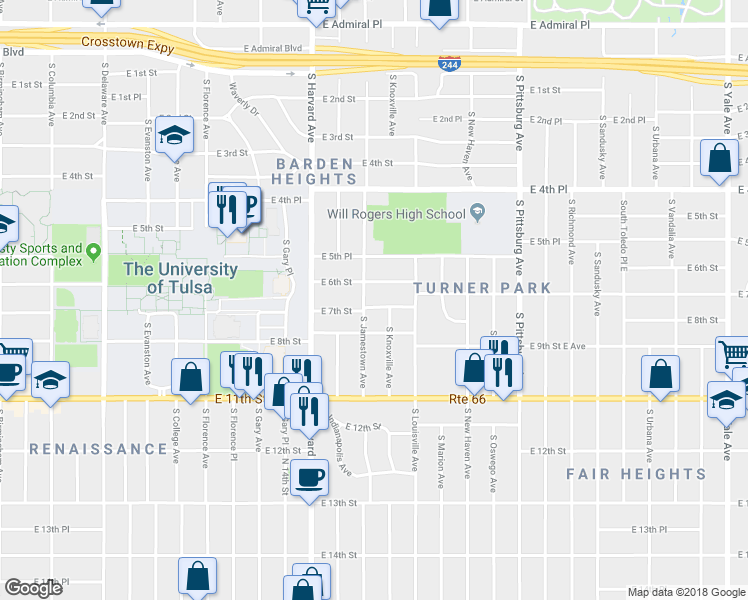 map of restaurants, bars, coffee shops, grocery stores, and more near 3528 East 6th Street in Tulsa