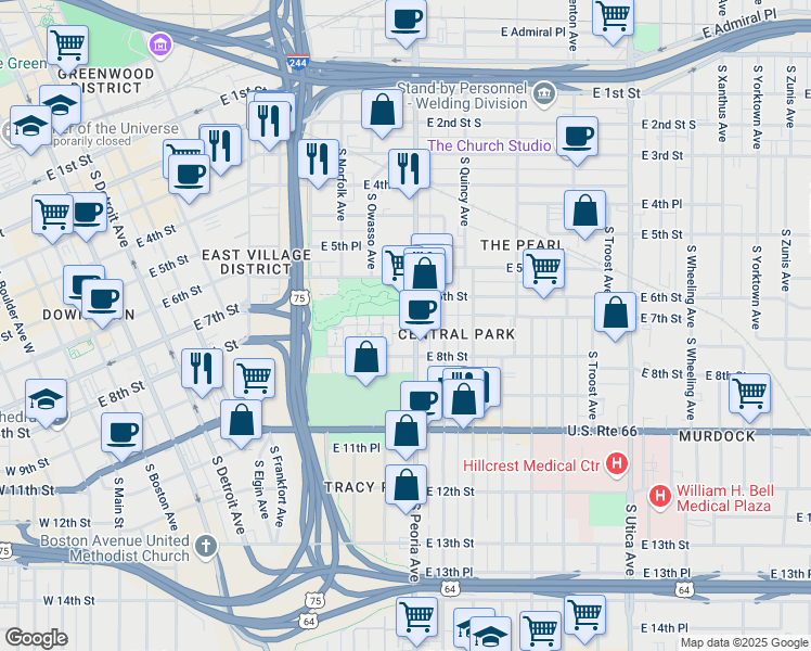map of restaurants, bars, coffee shops, grocery stores, and more near in Tulsa