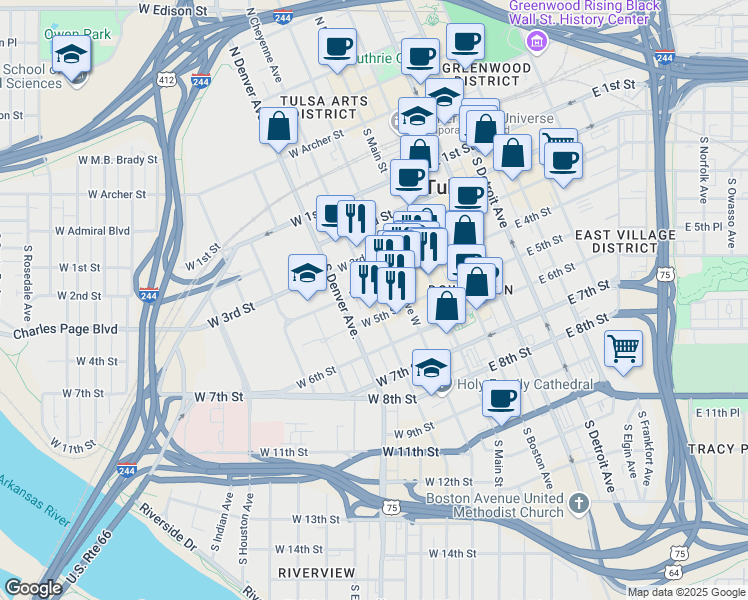 map of restaurants, bars, coffee shops, grocery stores, and more near 403 South Cheyenne Avenue in Tulsa