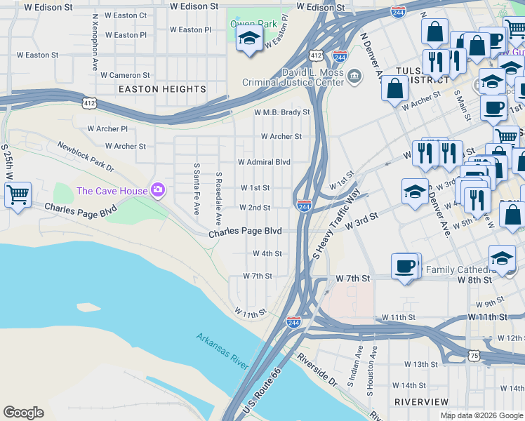 map of restaurants, bars, coffee shops, grocery stores, and more near 124 South Olympia Avenue in Tulsa