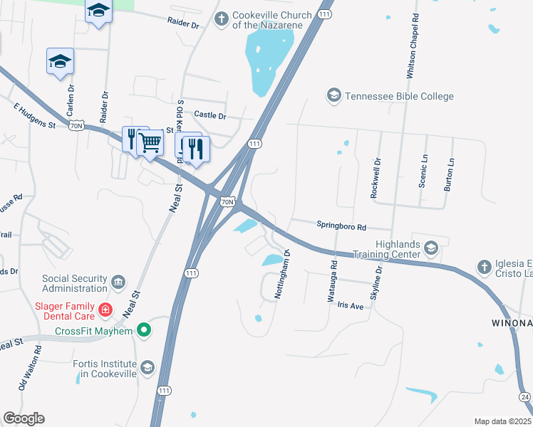 map of restaurants, bars, coffee shops, grocery stores, and more near 1440 E Spring St in Cookeville
