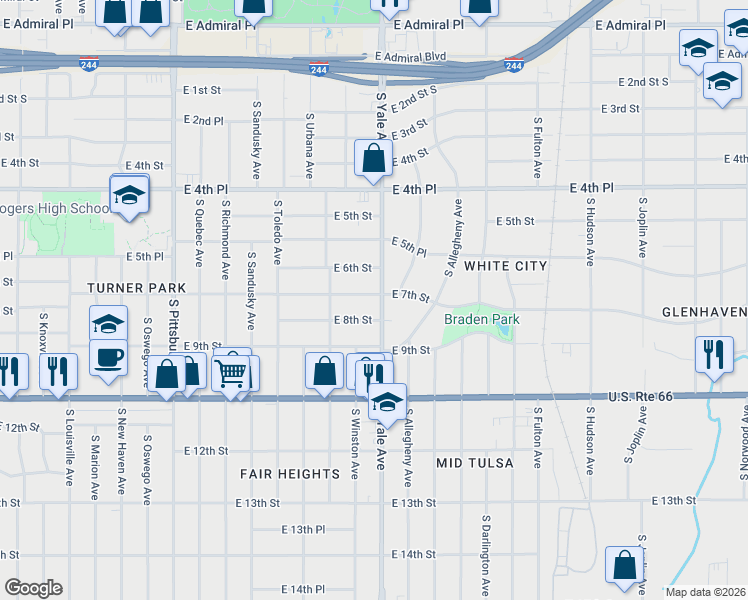 map of restaurants, bars, coffee shops, grocery stores, and more near 4727 East 7th Street in Tulsa