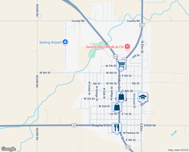 map of restaurants, bars, coffee shops, grocery stores, and more near 509 North Orange Street in Seiling