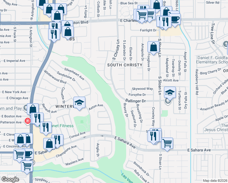 map of restaurants, bars, coffee shops, grocery stores, and more near 1821 South Christy Lane in Las Vegas