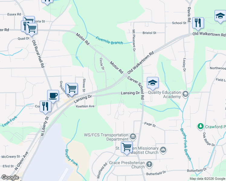 map of restaurants, bars, coffee shops, grocery stores, and more near 4808 Lansing Drive in Winston-Salem