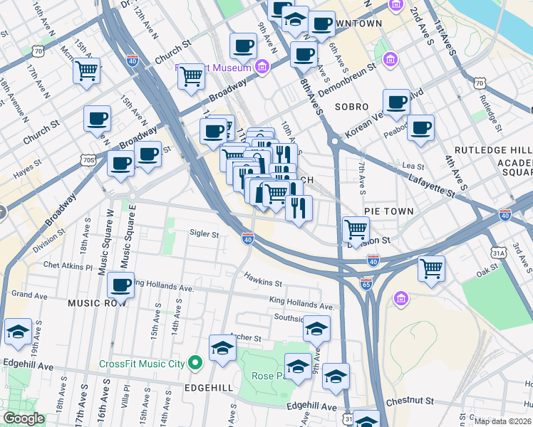 map of restaurants, bars, coffee shops, grocery stores, and more near 700 12th Avenue South in Nashville