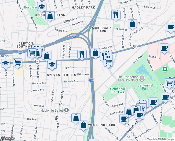 map of restaurants, bars, coffee shops, grocery stores, and more near 326 33rd Avenue North in Nashville