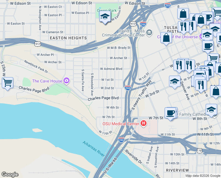 map of restaurants, bars, coffee shops, grocery stores, and more near 124 South Olympia Avenue in Tulsa