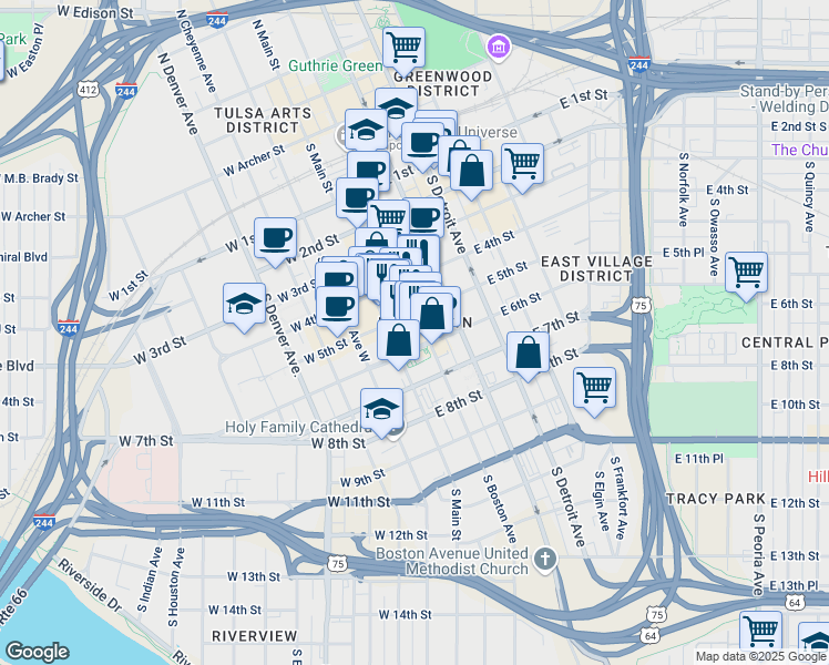 map of restaurants, bars, coffee shops, grocery stores, and more near 6 East 5th Street in Tulsa