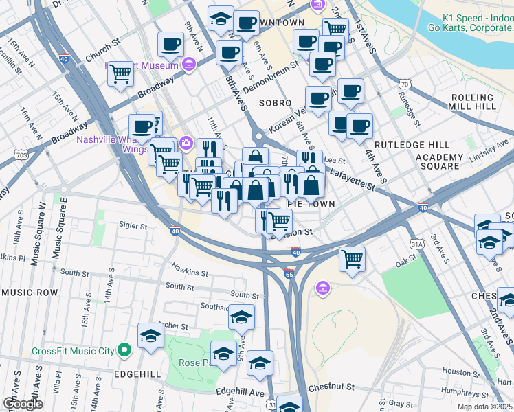 map of restaurants, bars, coffee shops, grocery stores, and more near 603 U.S. 31 in Nashville