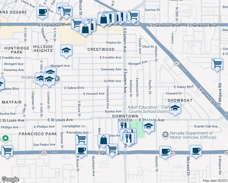map of restaurants, bars, coffee shops, grocery stores, and more near 2013 Howard Avenue in Las Vegas