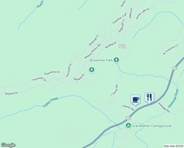 map of restaurants, bars, coffee shops, grocery stores, and more near 100 Grande View Court in Seven Devils