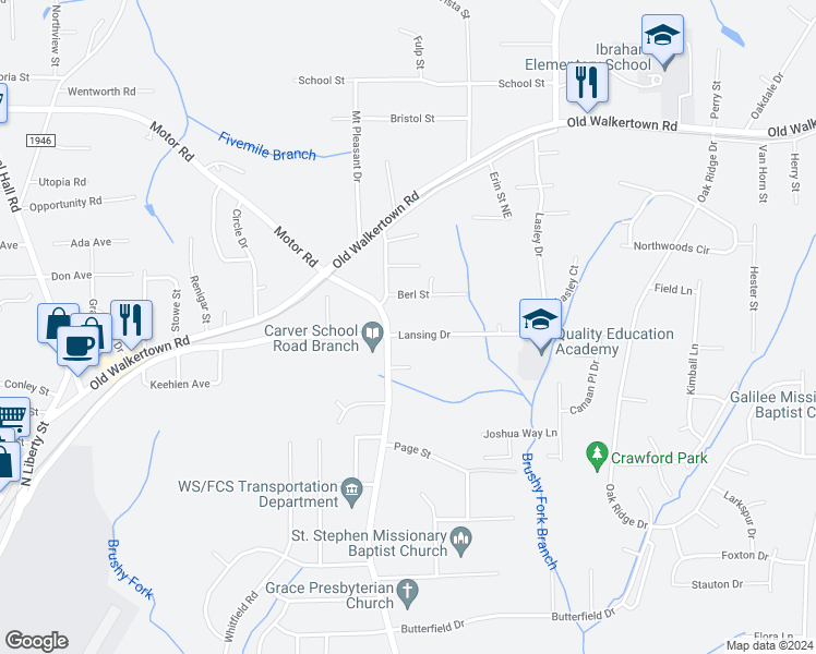 map of restaurants, bars, coffee shops, grocery stores, and more near 5011 Lansing Drive in Winston-Salem