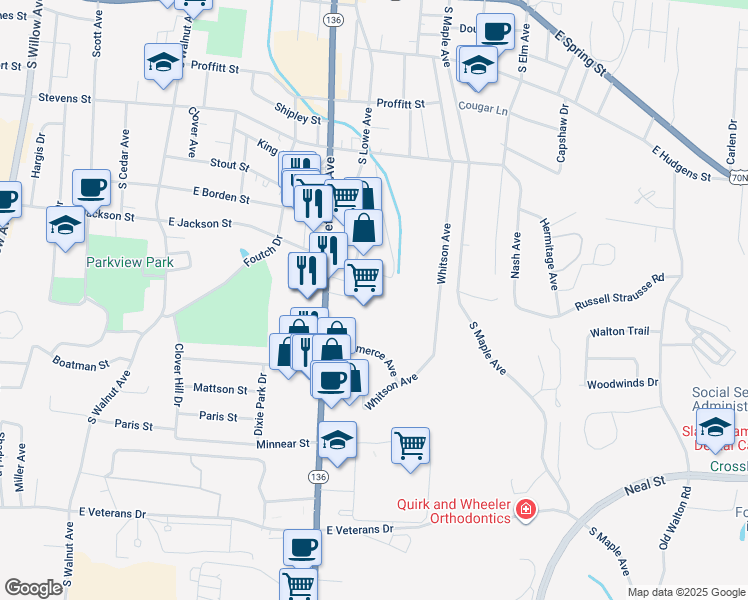 map of restaurants, bars, coffee shops, grocery stores, and more near 560 South Jefferson Avenue in Cookeville