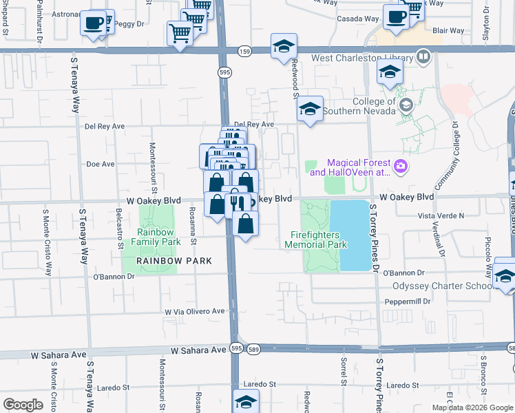 map of restaurants, bars, coffee shops, grocery stores, and more near 6825 West Oakey Boulevard in Las Vegas