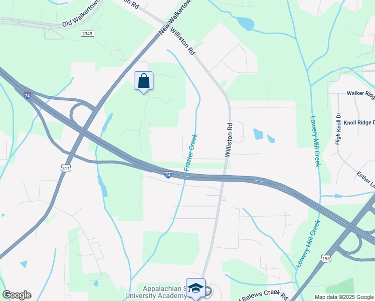 map of restaurants, bars, coffee shops, grocery stores, and more near Lee Haven Lane in Walkertown