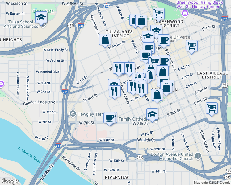 map of restaurants, bars, coffee shops, grocery stores, and more near 333 West 4th Street in Tulsa