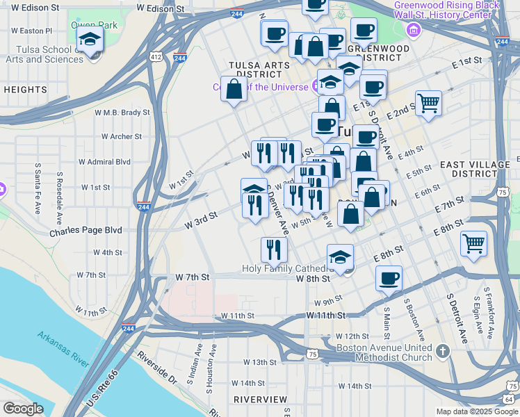map of restaurants, bars, coffee shops, grocery stores, and more near in Tulsa